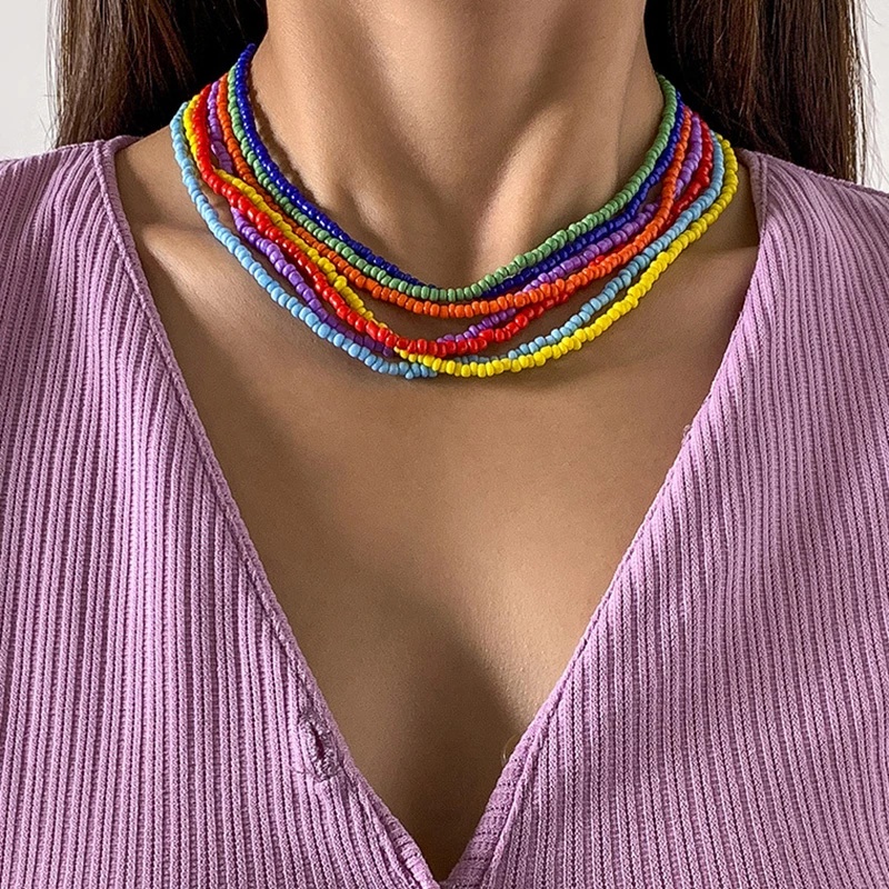 Kalung Choker Manik-Manik Handmade Warna Pelangi Gaya Bohemia Untuk Wanita