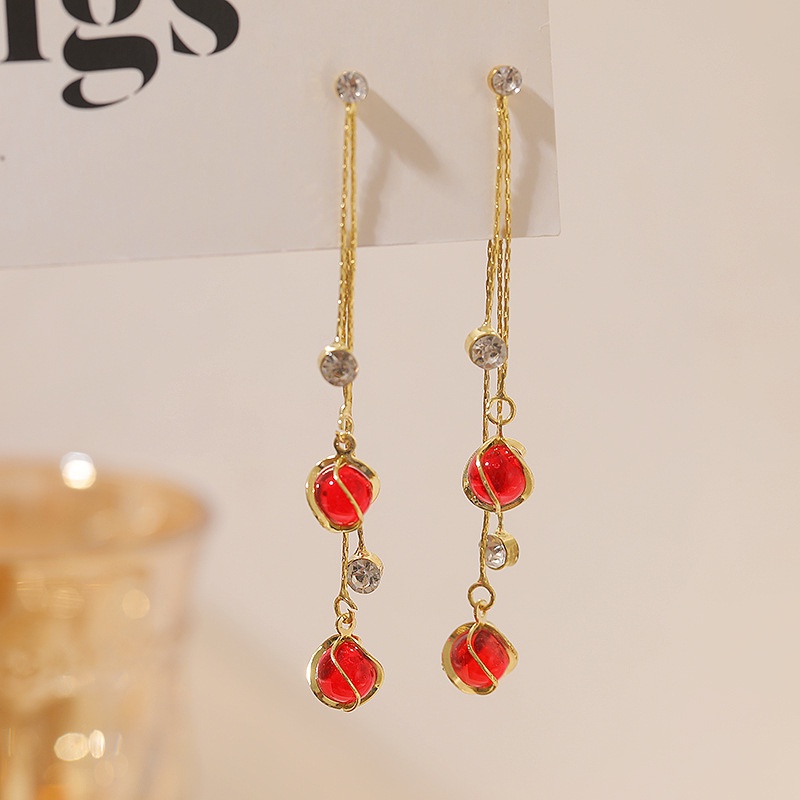 S925 Korea Opal bola telinga hook wanita merah halus sederhana anting-anting Korea gaya chic dan uni