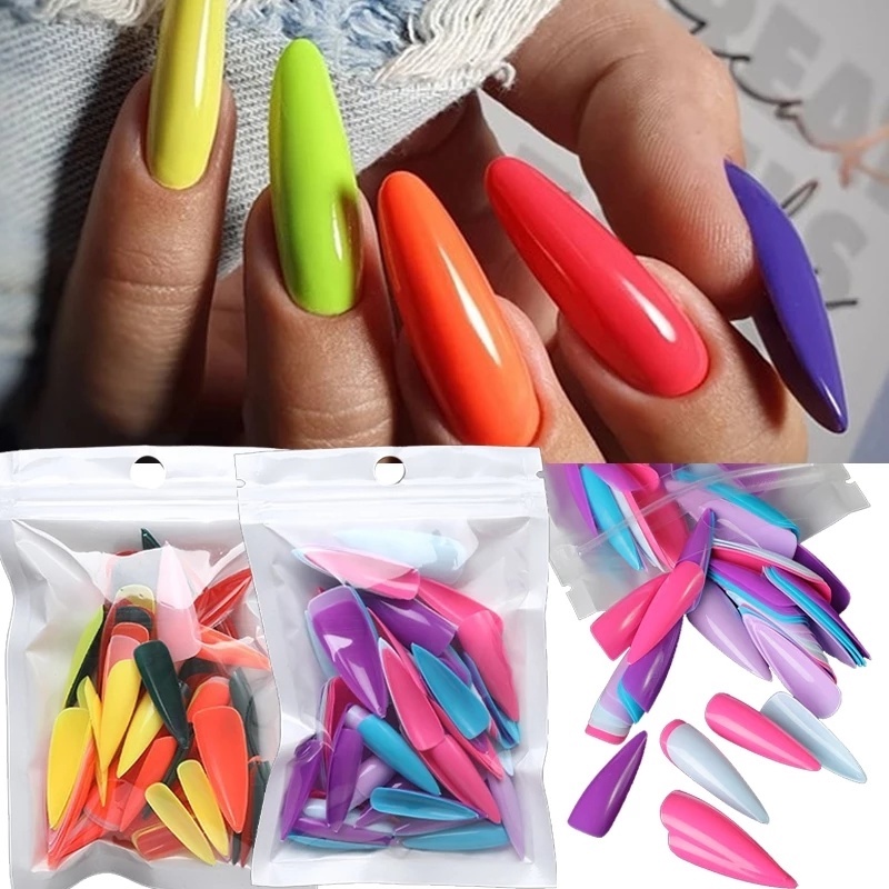 100pcs / Set Kuku Palsu Panjang Full Coverage Stiletto Ballerina Bahan Akrilik Warna-Warni Untuk Manicure
