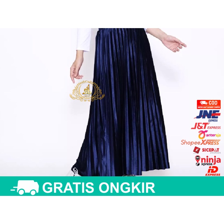 Rok Bludru Velvet Panjang Plisket Premium-ROK Panjang Biru Nav