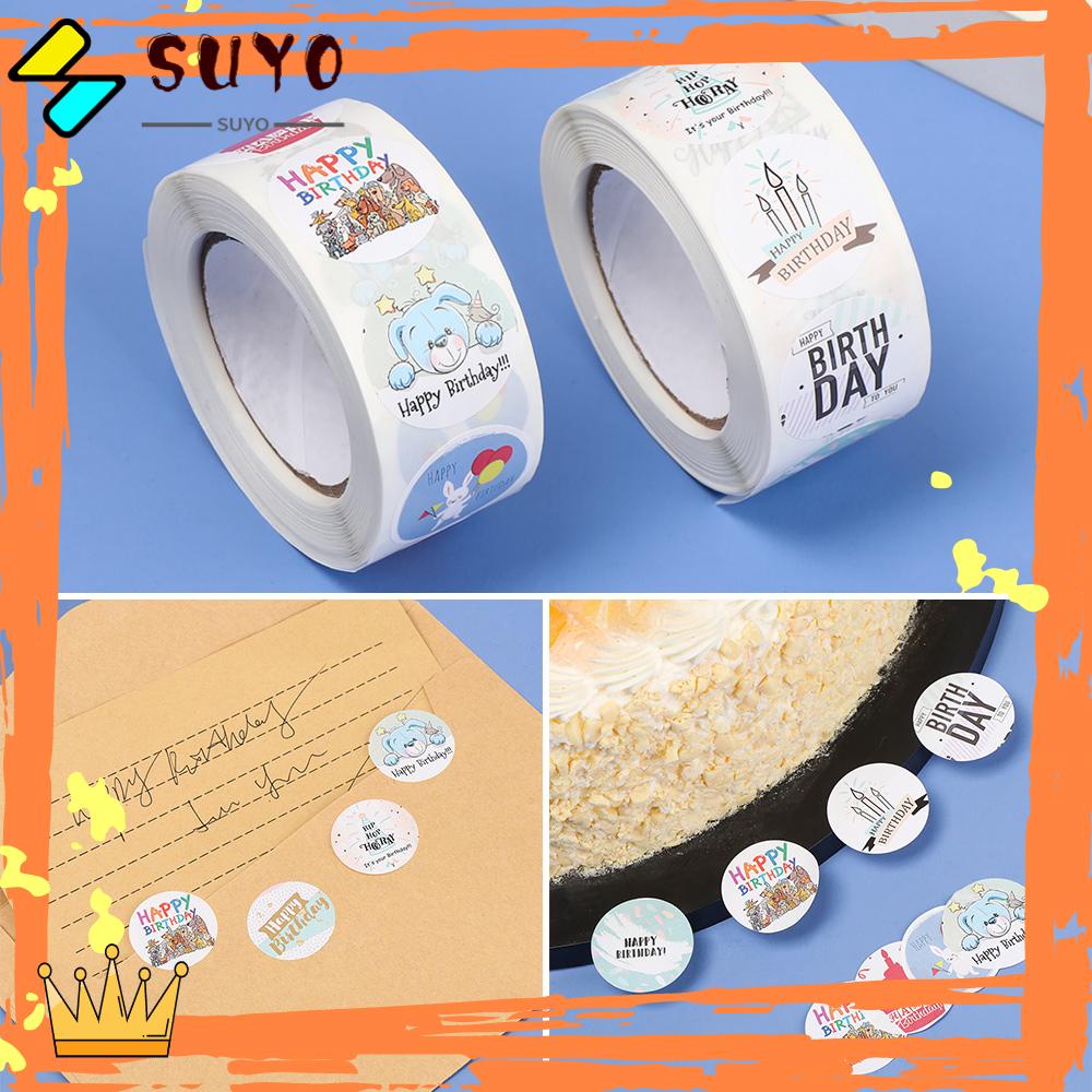 Suyo 500PCS / Roll Stiker Bulat Motif Tulisan Happy Birthday Untuk Segel Amplop / Kartu Ucapan DIY