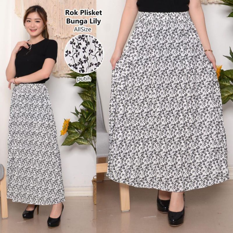ROK PLISKET BUNGA DAISY / ROK PLISKET PREMIUM / ROK WANITA-Lily putih