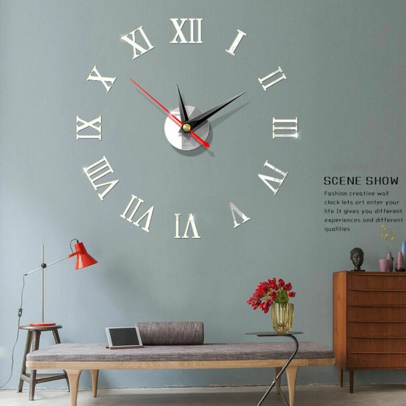 3D DIY Big Roman Number Acrylic Modern Mirror Borderless Wall Clock Sticker Set Decoration