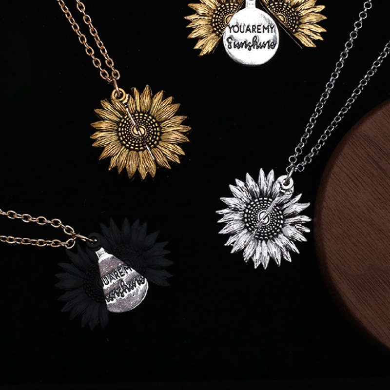 【Ready Stock】Vintage Women Gold Silver Rose Gold Pendant Lover Couple Necklaces You Are My Sunshine Open Locket Sunflower Long Necklace