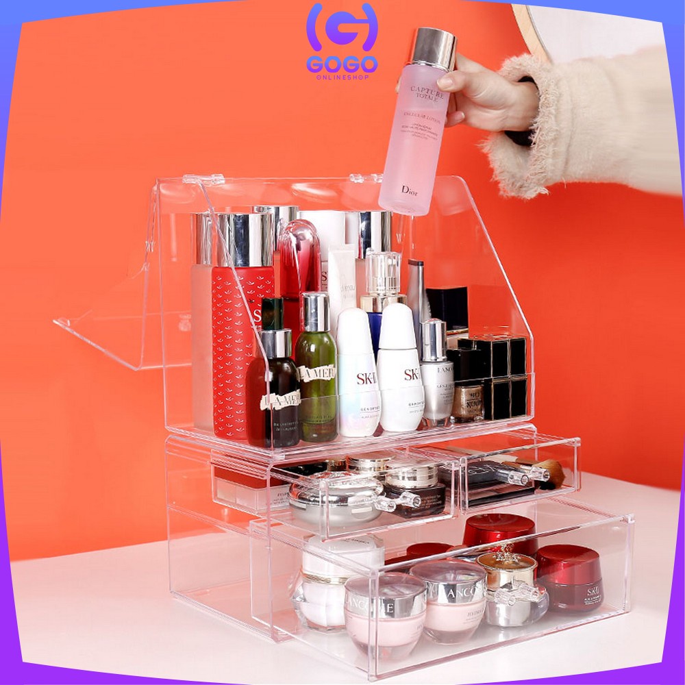 GOGO-K133 Rak Kosmetik Acrylic Transparan Dengan Penutup Anti Debu Storage Box / Tempat Penyimpanan Laci Rak Make Up Skincare Organizer Laci Multifungsi