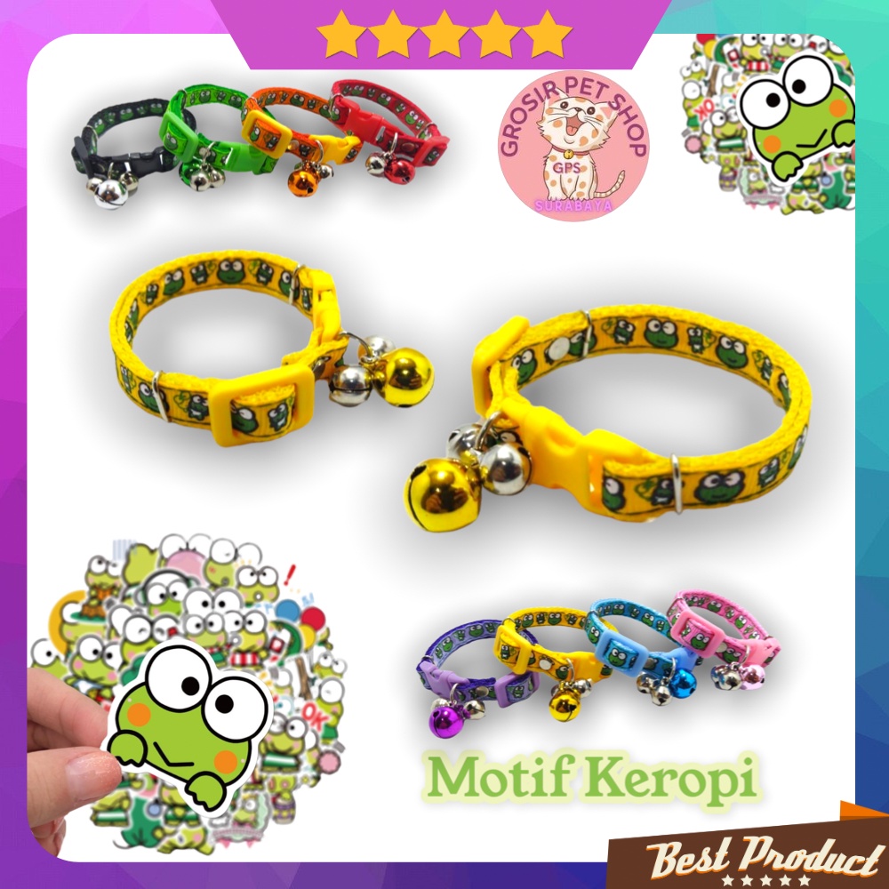 Kalung Kucing Anjing Motif Keropi keroppi / Cat Collar kalung kucing lucu Lonceng Isi 3 Buah / Kalung Kucing Tali Harness &amp; Brangus