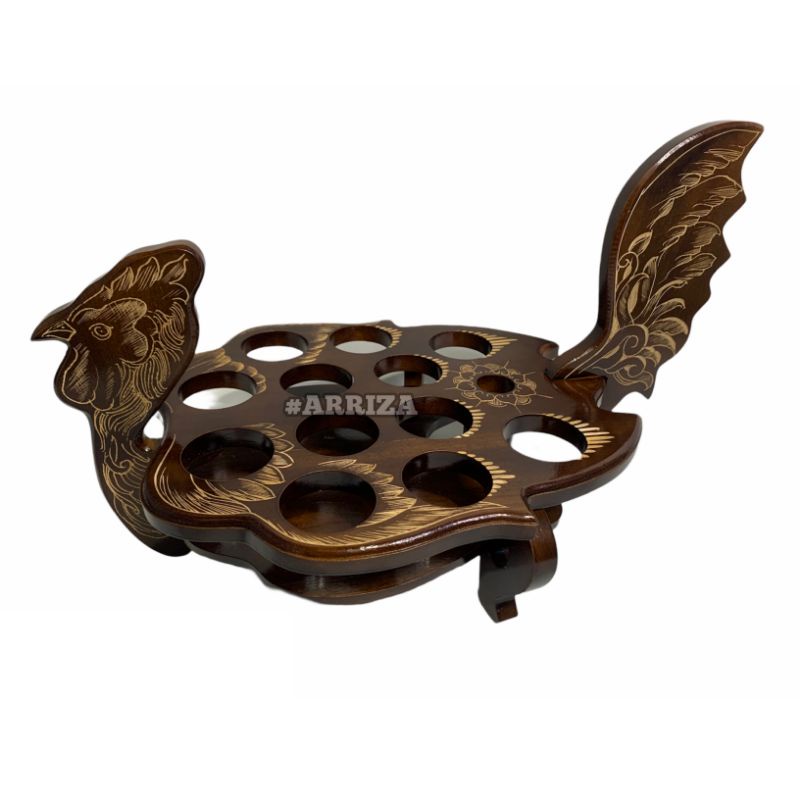 TEMPAT AQUA GELAS KAYU JATI MODEL AYAM JAGO BERDIRI