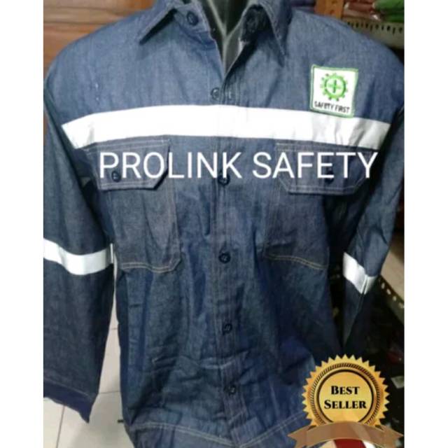 SERAGAM BAJU SAFETY PROYEK BAHAN KAIN LEVIS RESLETING DAN KAMCING JEANS