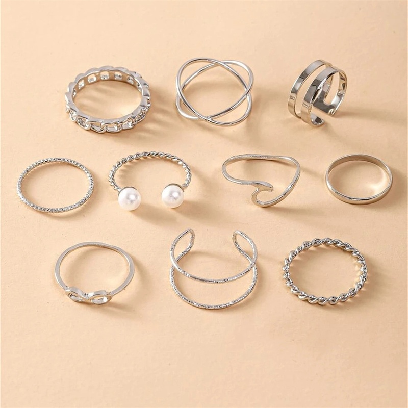 10pcs / Set Cincin Model Terbuka Bahan Alloy Desain Geometri Asimetris + Mutiara Gaya Trendy / Simple Untuk Wanita