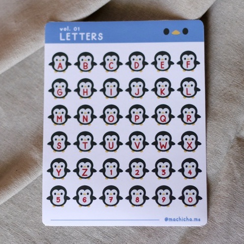 

Machicha - Sticker Sheet Vol. 01 Letters - Sticker vinyl penguin Michi abjad angka