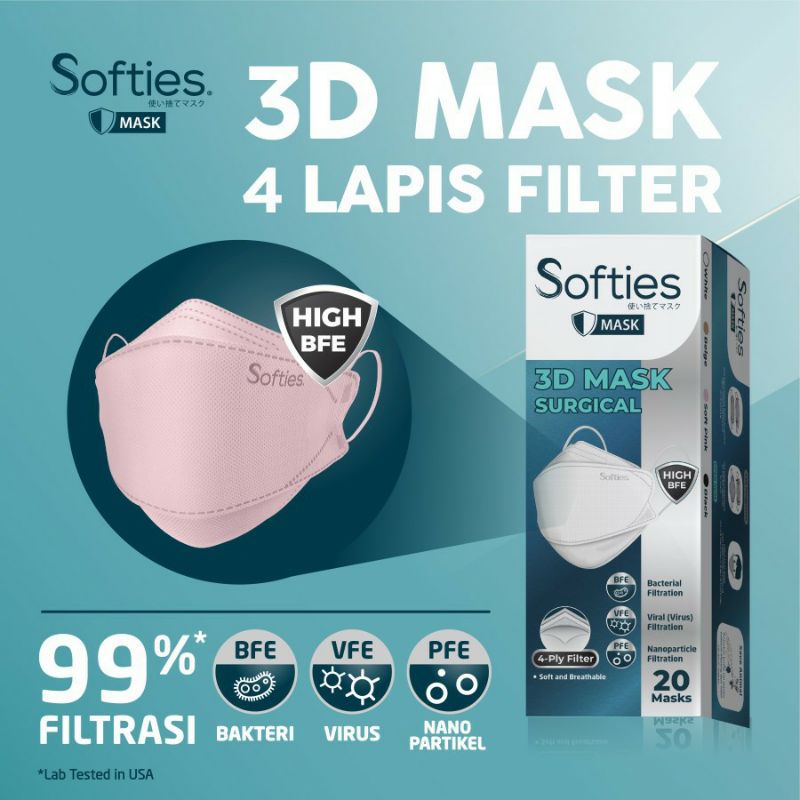Masker Softies 3D Mask Surgical KF94 4ply Earloop warna Pink isi 20 pcs