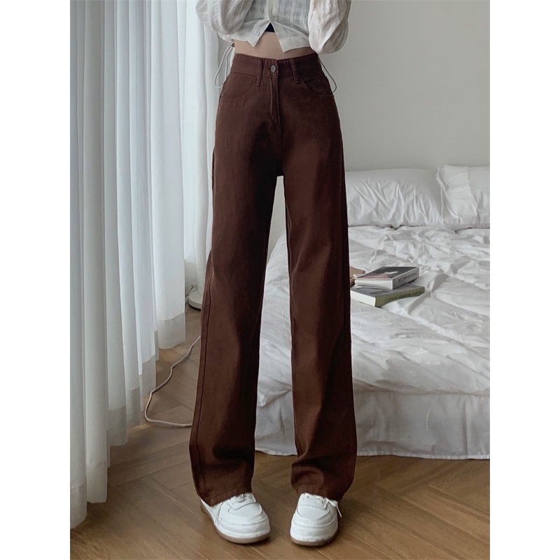 XIAOZHAINV Korean Style High Waist Celana Jeans Wanita Cokelat 8604