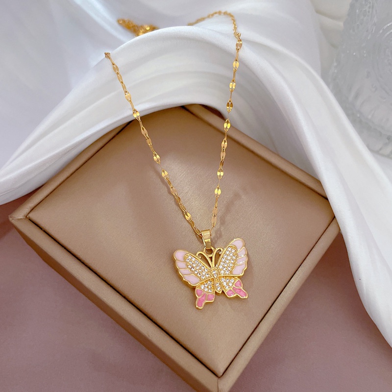 Barbie Kalung Rantai Emas 18K Liontin Kupu-Kupu Hias Cubic Zirconia Untuk Wanita