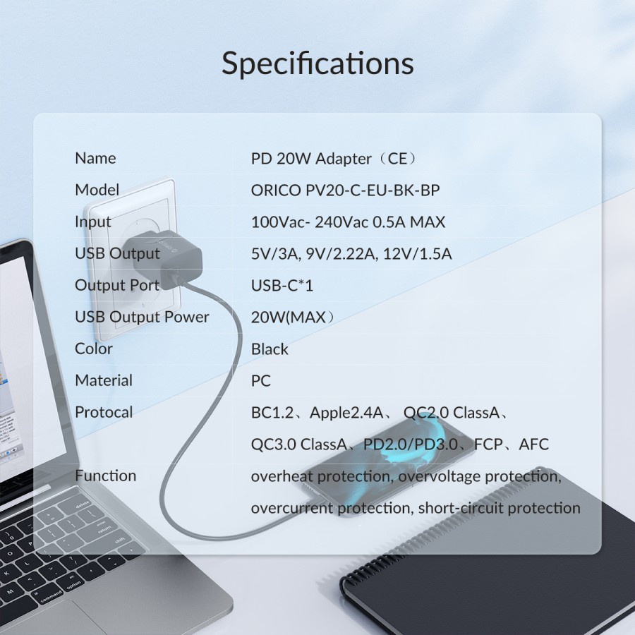 ORICO PV20-C Charger 20W Type C PD QC 3.0