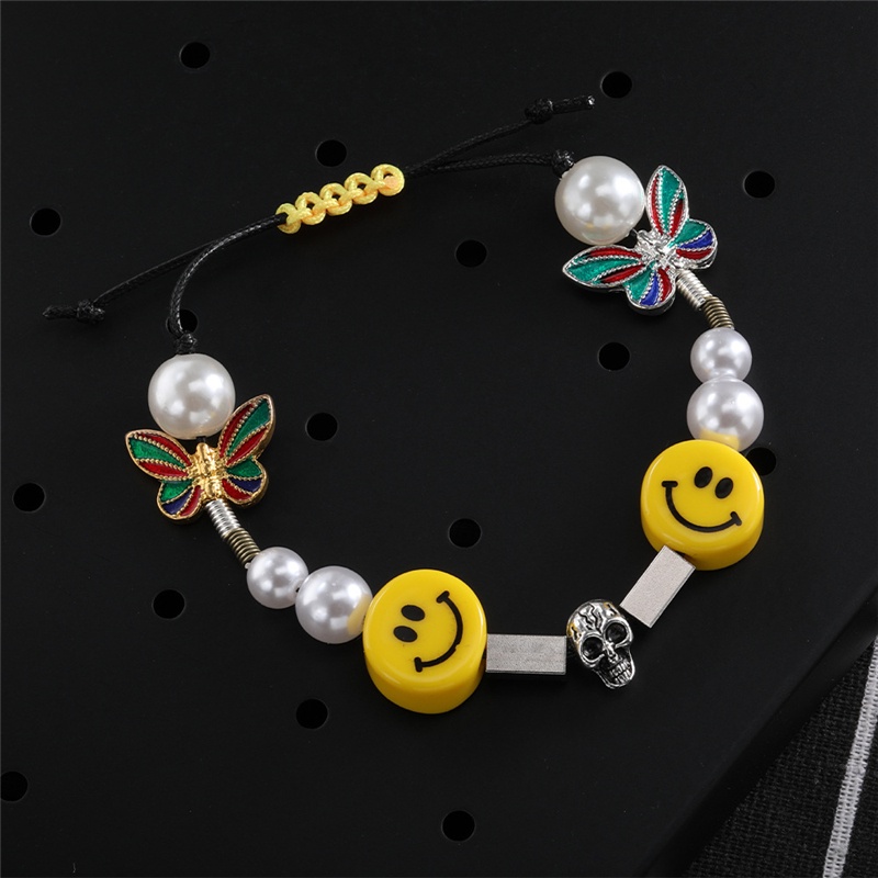 Gelang Manik-Manik Mutiara Desain Smiley Gaya Hip Hop Punk Untuk Pria Dan Wanita