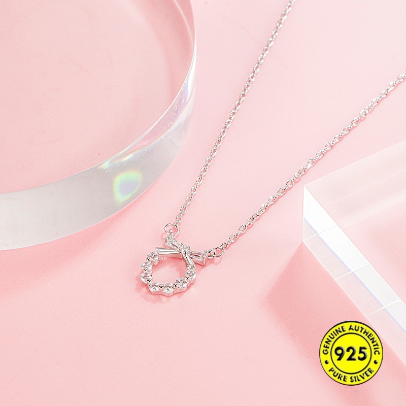 Kalung Rantai Sterling Silver 925 Dengan Liontin Pita + Berlian Imitasi Untuk Wanita