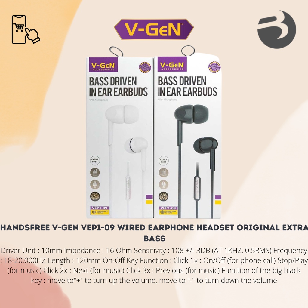 Handsfree V-GeN VEP1-09 Wired Earphone Headset Original Extra Bass