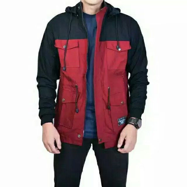 JAKET PARKA PRIA REGLAN HITAM MAROON