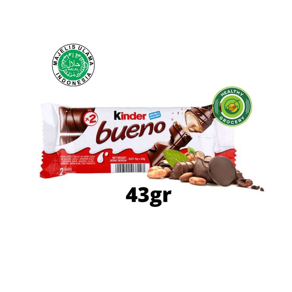 Kinder Bueno With Milk &amp;amp; Hazelnuts 43 gr / Wafer Lapis Cokelat Isi Krim Susu Dan Kacang Hazelnut