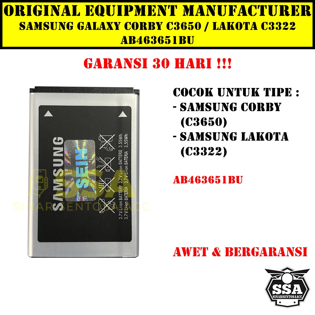 Baterai Original OEM Samsung Galaxy Corby Lakota C3650 C3322 AB463651BU HP Ori Battery Batrai Batre Batu Batere GARANSI AWET MURAH