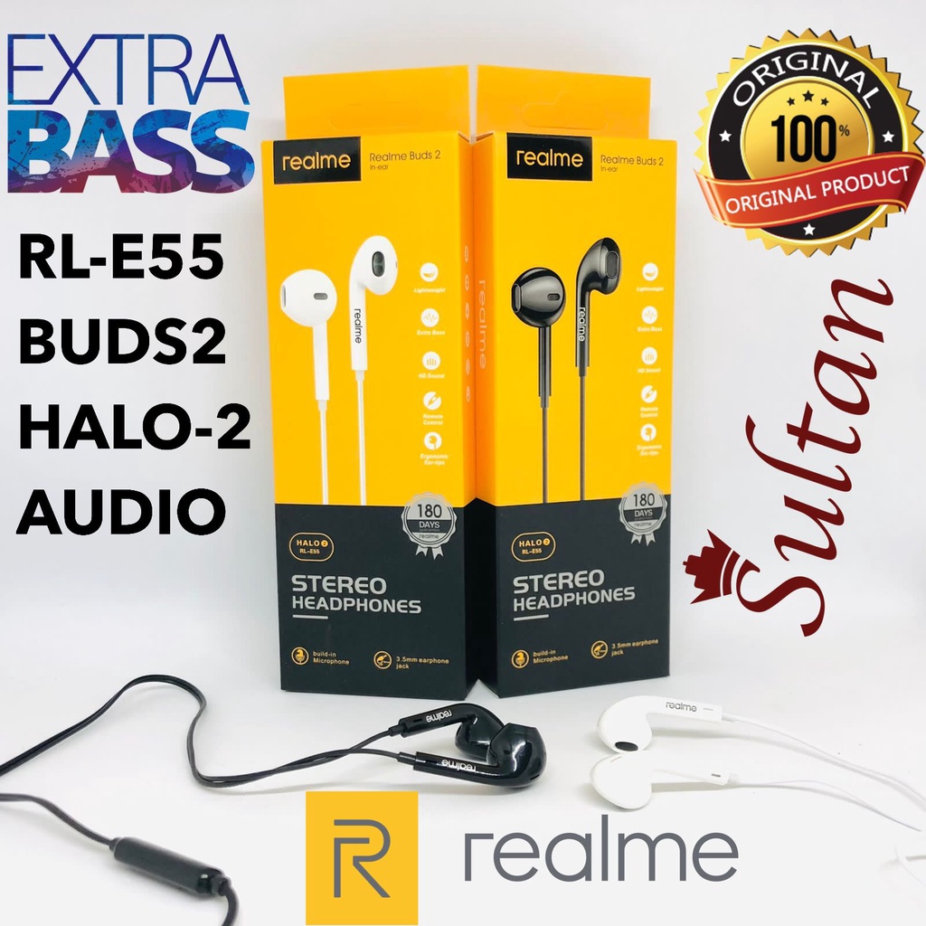 NEW PROMO!!! Headset Realme HALO 2 RL-E55 Stereo Earphones Build-In Microphone 3.5mm Earphone Jack