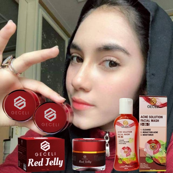 PAKET SABUN GECELI DAN CREAM GECELI RED JELLY SABUN WAJAH GECELI ACNE SOLUTION FACIAL WASH 3-IN-1