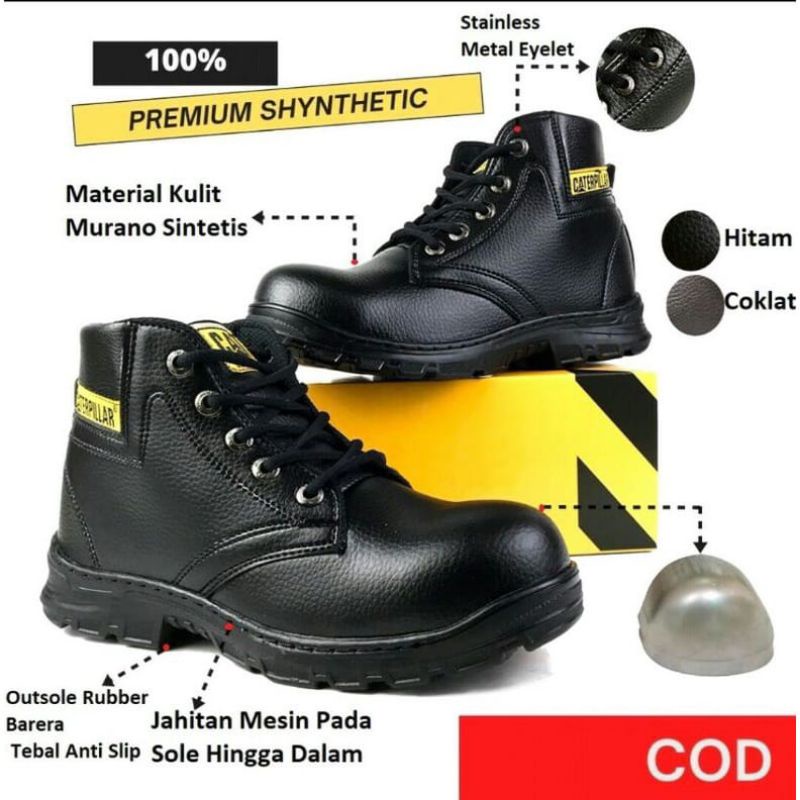 Sepatu safety boots Caterpillar ujung besi, safety tali pendek kerja proyek