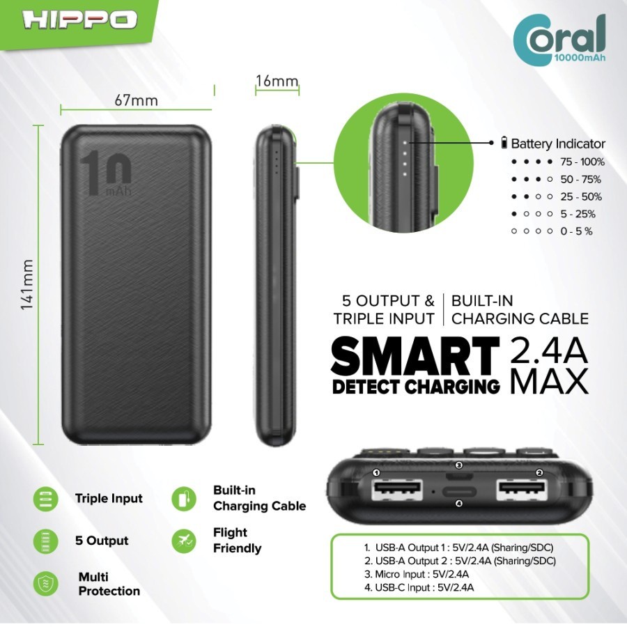 Hippo Power Bank Coral 10000 mAh 5 Port Output 2.4A Include Kabel Type C Micro USB Lightning Powrbank 10000mAh Original Ori