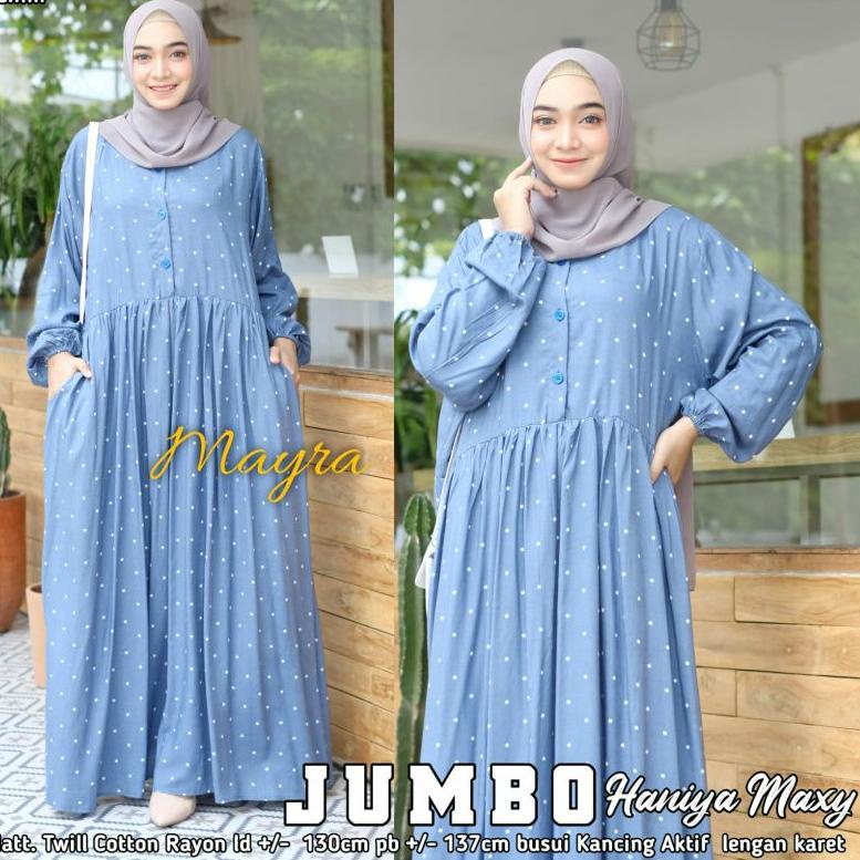 GAMIS PUTIH DAN HITAM BAHAN RAYON TWILL JUMBO LD 130 MOTIF POLKADOT - HANIYA –Smd31au22c