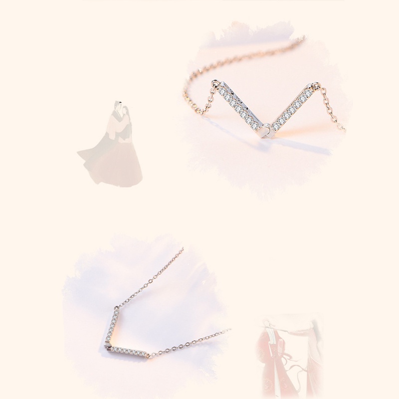 Kalung Rantai Sterling Silver 925 Dengan Liontin Kristal Zircon AAA Bentuk V Untuk Wanita