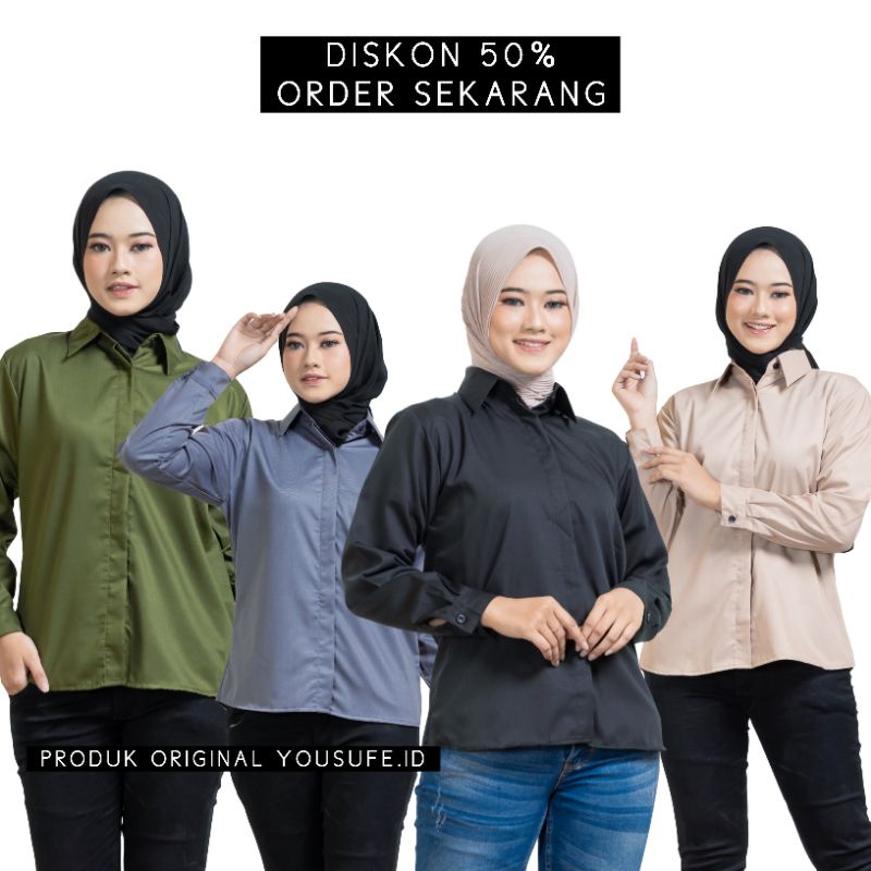 Kemeja Polos Hitam Wanita Lengan Panjang Muslimah Cocok Kantor Casual Formal Halus Bahan Toyobo