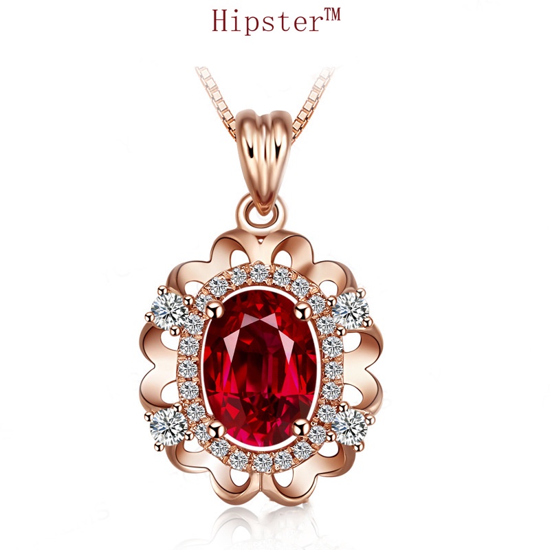 Full Diamond Natural Ruby Pendant Vintage Rose Gold Necklace