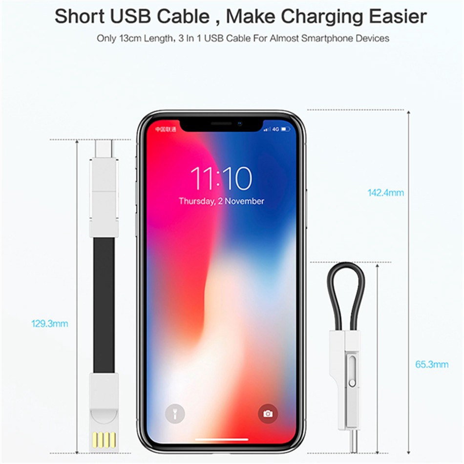 ELFYDO - 3 In 1 Gantungan Kunci Mini Magnetik Charger Kabel Usb Tipe C Mikro Usb 2a Portable Untuk H