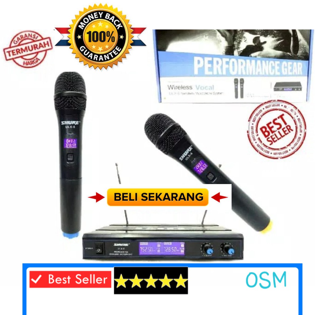 Shure pro mic karaoke sepasang UHF mikrophone Wireless microphone wireles suara audio sound sistem vokal vocal mik professional panggung dj studio AHHS  Sepasang 1bh reciever digital  2bh mic pegang digital  SHURE ULX8 UHF  jarak mic bisa pakai sampe 30-4