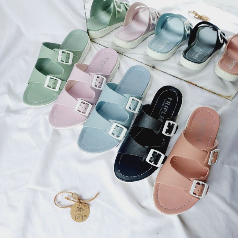 Sandal Wanita Trendy Ban 2 Variasi Gesper Pastel Colors (Adelia 02)