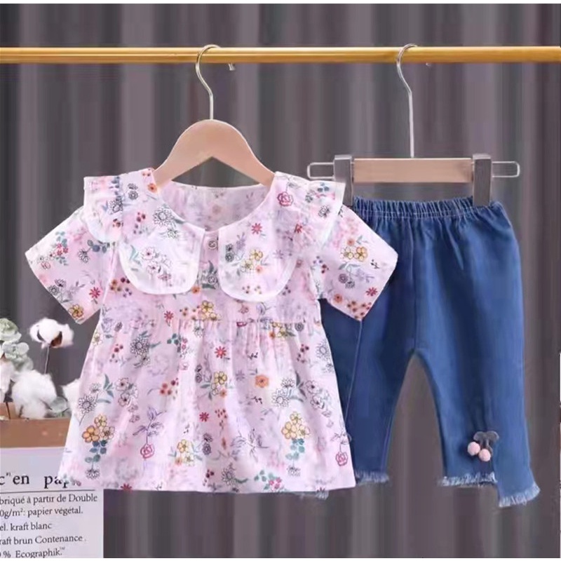 Setelan anak perempuan atasan jins cherry import 1-4 tahun/ Baju Setelan kemeja Setelan Jeans anak cewek tanggung