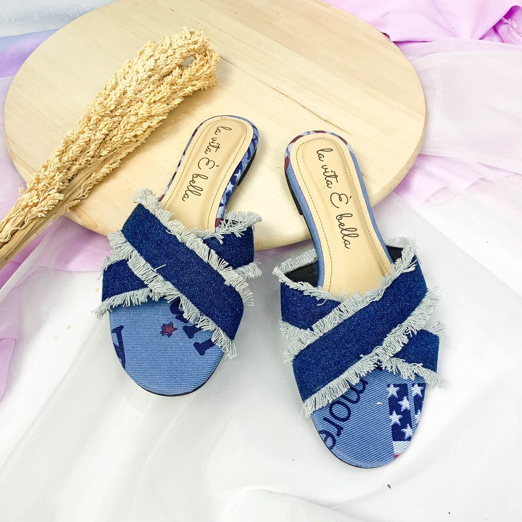 La Vita E Bella Azure Sandal Slip Teplek Wanita Model Cross Tassel Rumbai - [LP507]