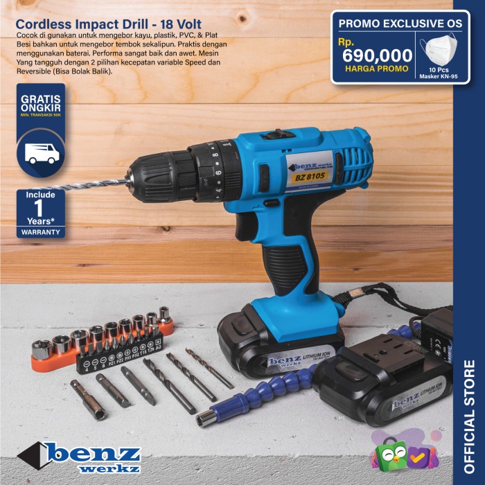 Mesin Bor Tembok Baterai 18V + Set Mata Obeng 23Pcs By Benz Werkz