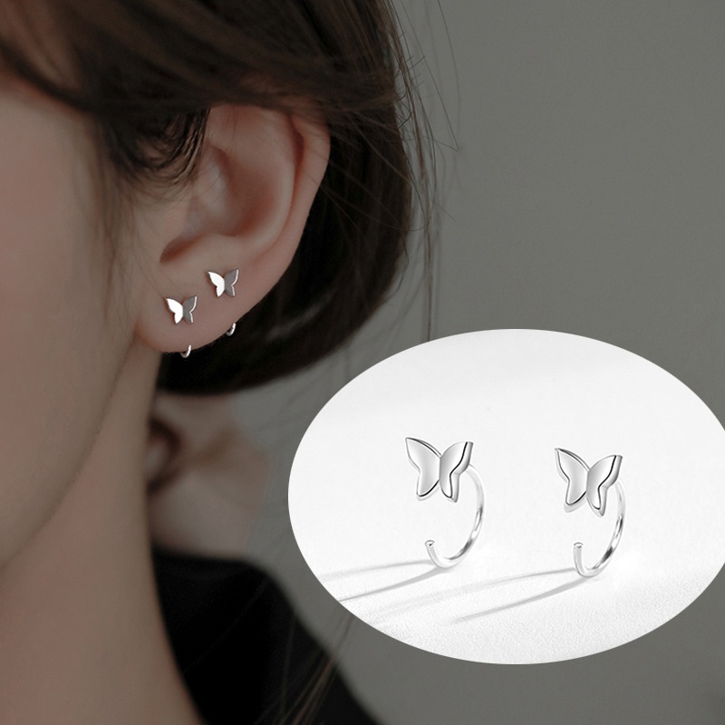 Anting Sweet Silver Plating Glossy Butterfly Earrings Women Korean Simple Ear Stud Clip Jewelry Accessories