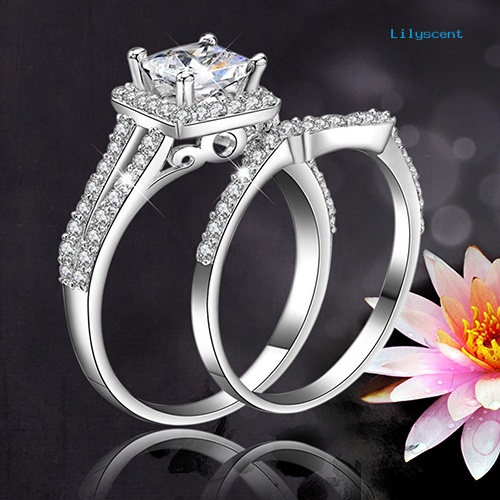 2pcs / Set Cincin 925 Sterling Silver Model Princess Cut Untuk Wanita