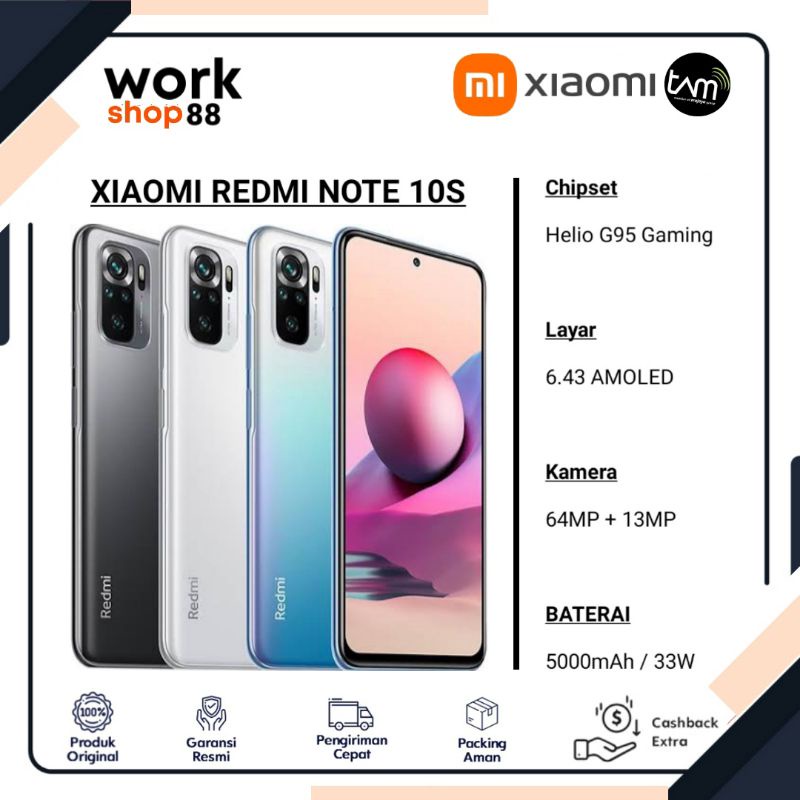 HP Baru Xiaomi Redmi Note 10S Amoled NFC 8/128 Ram 8GB Rom 128GB - New Original Garansi Resmi TAM - 