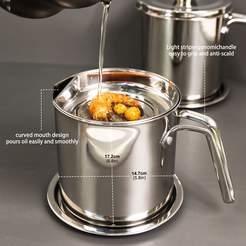 COOKKIT Panci Saringan Minyak Oil Strainer Stainless Steel penampung minyak penyaring minyak goreng Stainless Steel Grease Container with Strainer ,1.8L/2.0L Condiment Container Large Capacity Filter for Kitchen Cooking