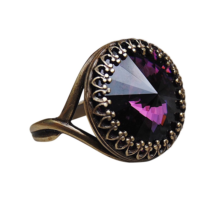 Cincin Emas 14K Hias Batu Amethyst Bulat Gaya Vintage Untuk Wanita