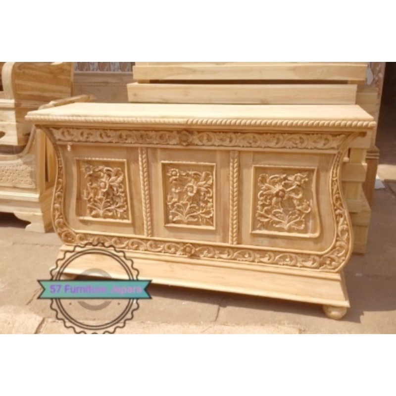 Bufet Ukir Lengkung Jati - Bufet TV Pendek Jati - Meja Hias Ruangan - Mentahan