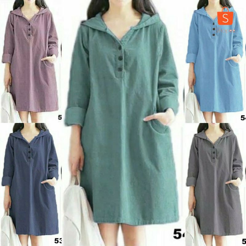 Mini Dress Polos Hoodie XL | Kasual Dress Big Size | Pakaian Kasual Wanita | Dress Lengan Panjang
