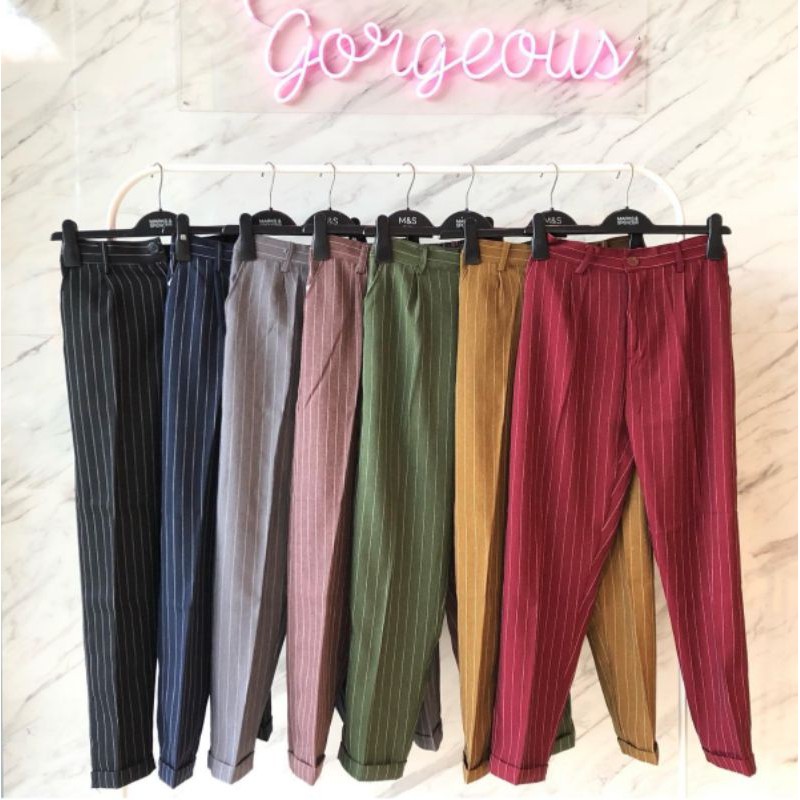 Celana Katun Motif Garis - Pinstripe Pants Kasual Kantor