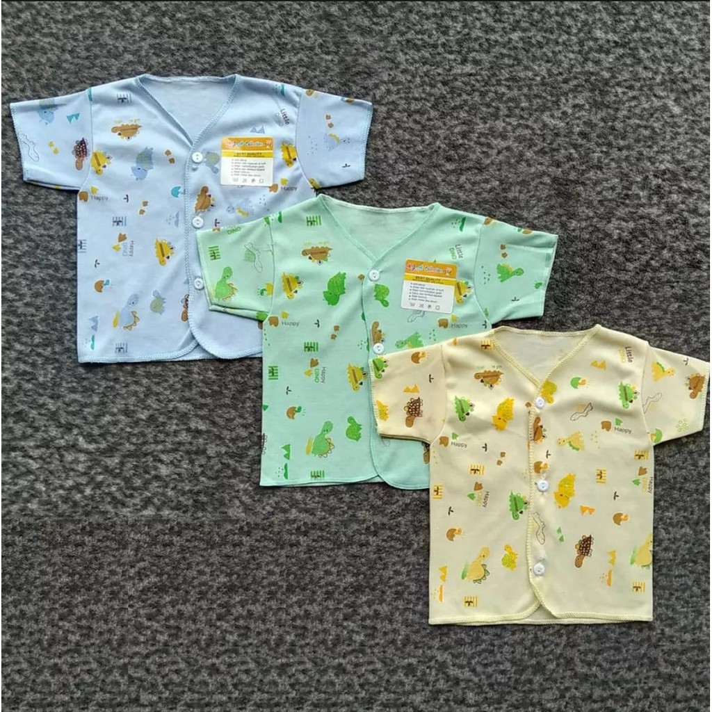 3 Pcs Baju Bayi Elvira Baby - Baju Kancing Lengan Pendek - Mix 3 Warna Bermotif