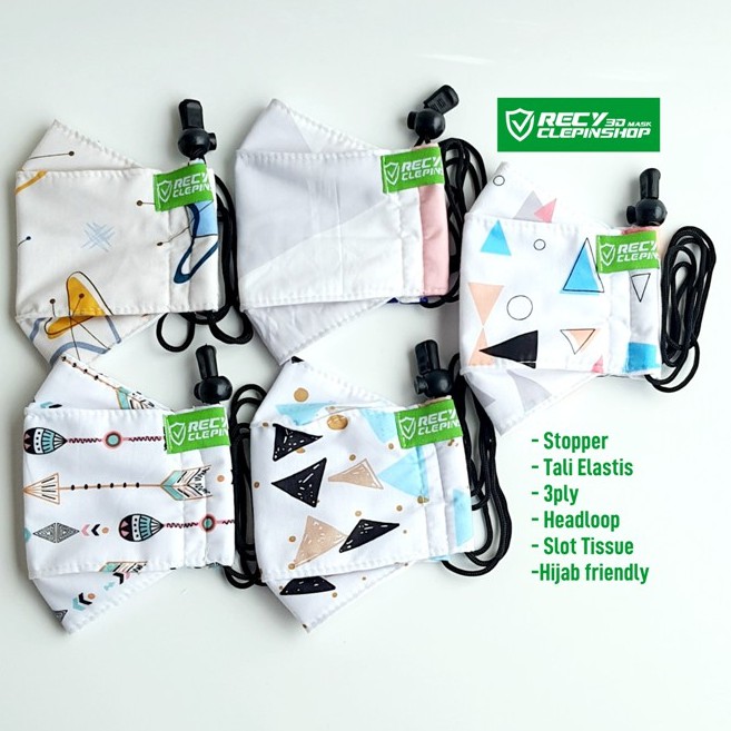 MASKER KAIN 3D HIJAB 3 ply / KATUN MOTIF MINIMALIS PREMIUM TALI STOPPER HEADLOOP