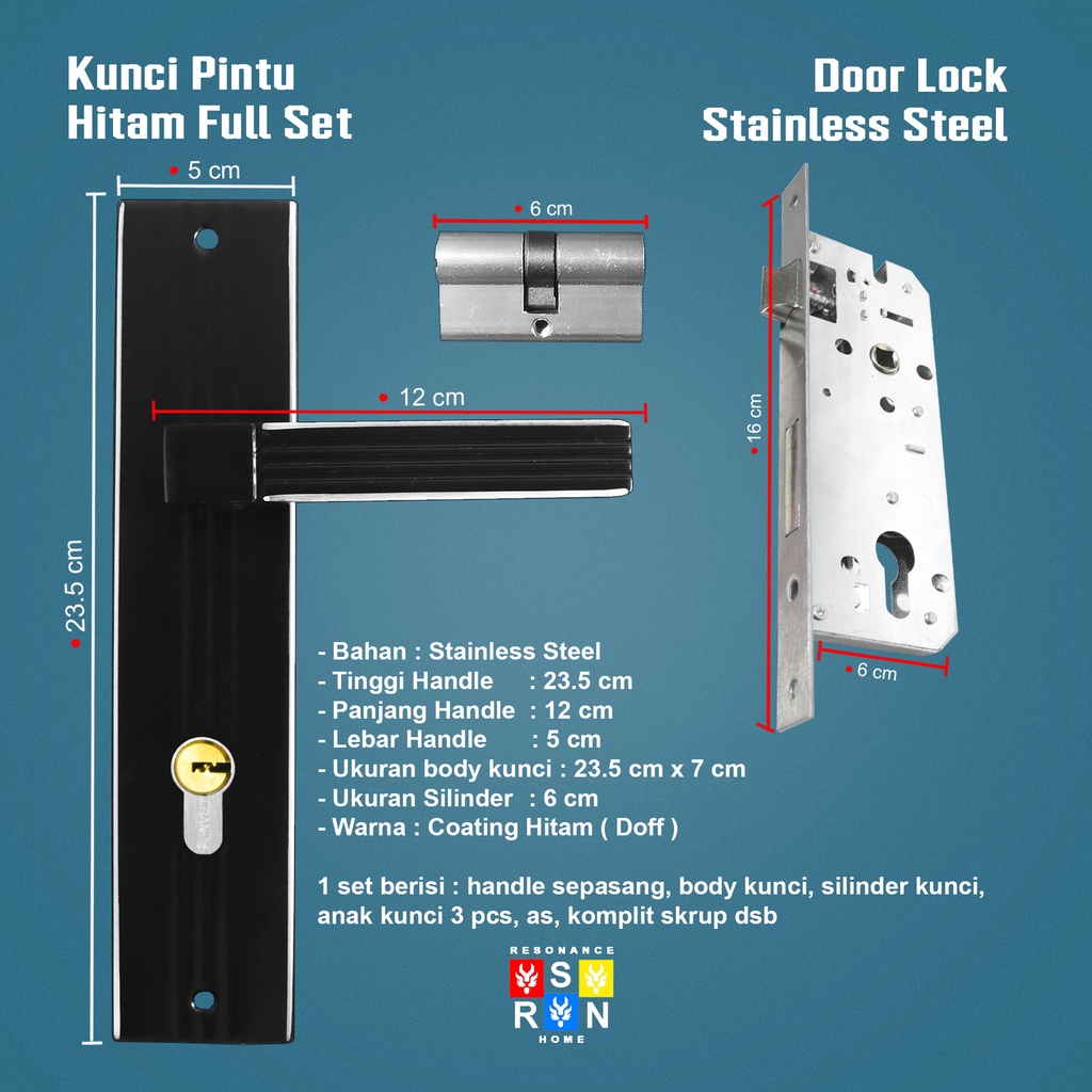 Kunci Pintu Tanggung Hitam Gagang Kotak Garis / Door Lock Full set Resonance Home