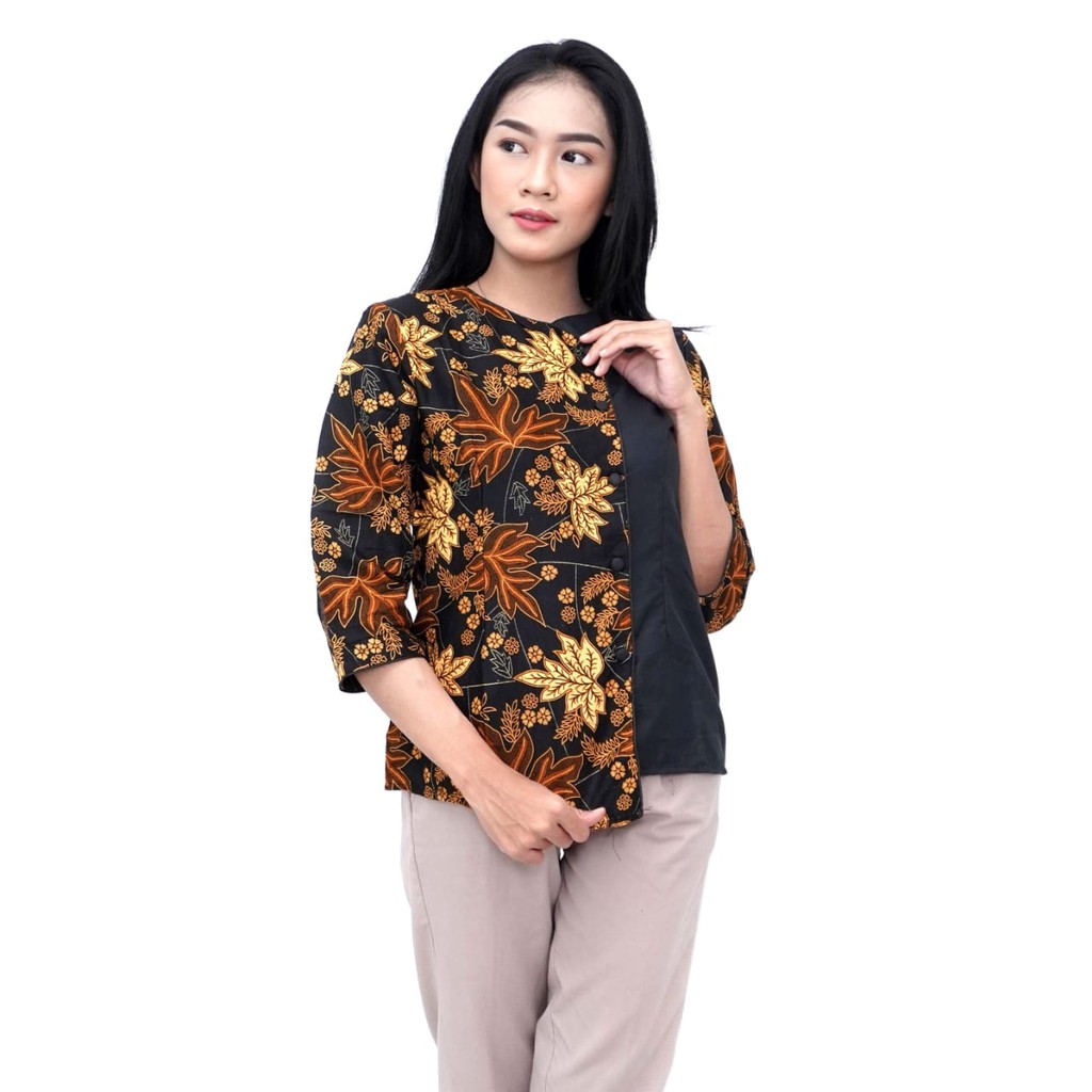 Atasan Batik Wanita Blouse Motif Daun Kombinasi Katun Hitam Batik Dua Putri Colection Size S s/d 5L